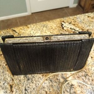 Rare ASHNEIL Black Shoulder Bag Clutch gold sparkle top purse Button Open EUC!!